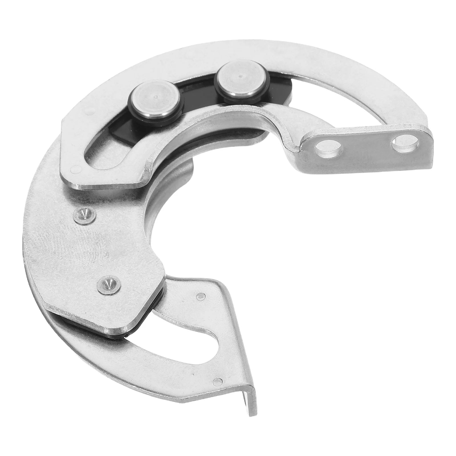 Curved stainless steel concealed cabinet hinge with swivel mechanism and 90-degree opening, designed for heavy-duty use.