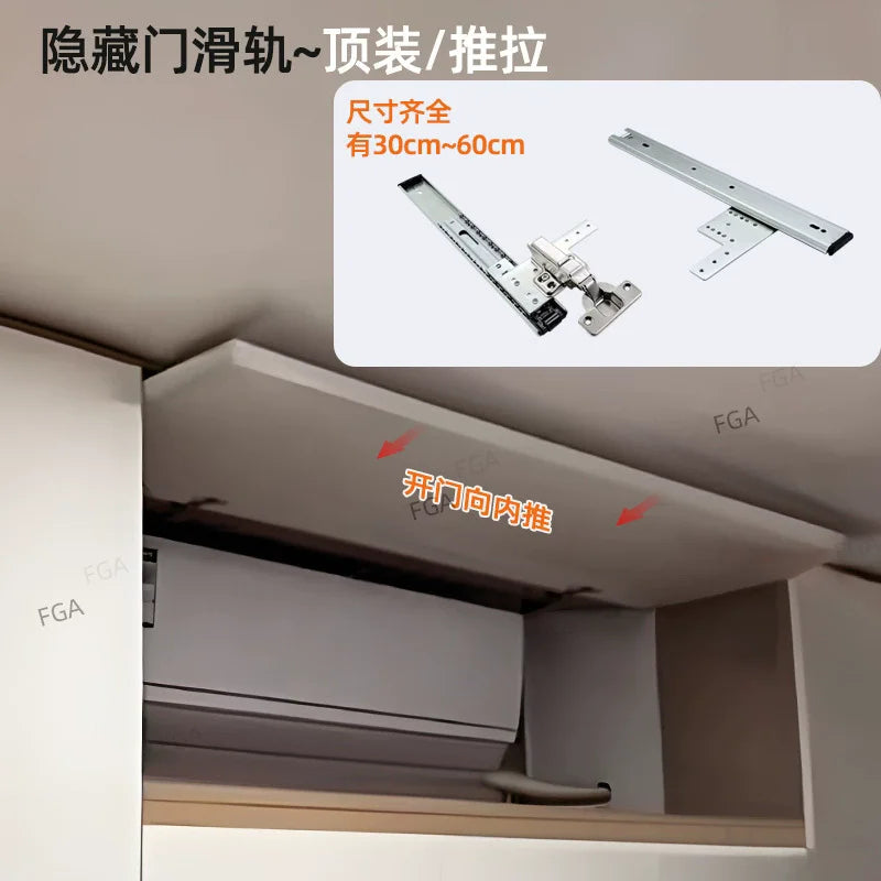 Hidden swing door slide rail system for furniture, with adjustable length from 30cm to 60cm, used in wardrobes and cabinets for space-saving.