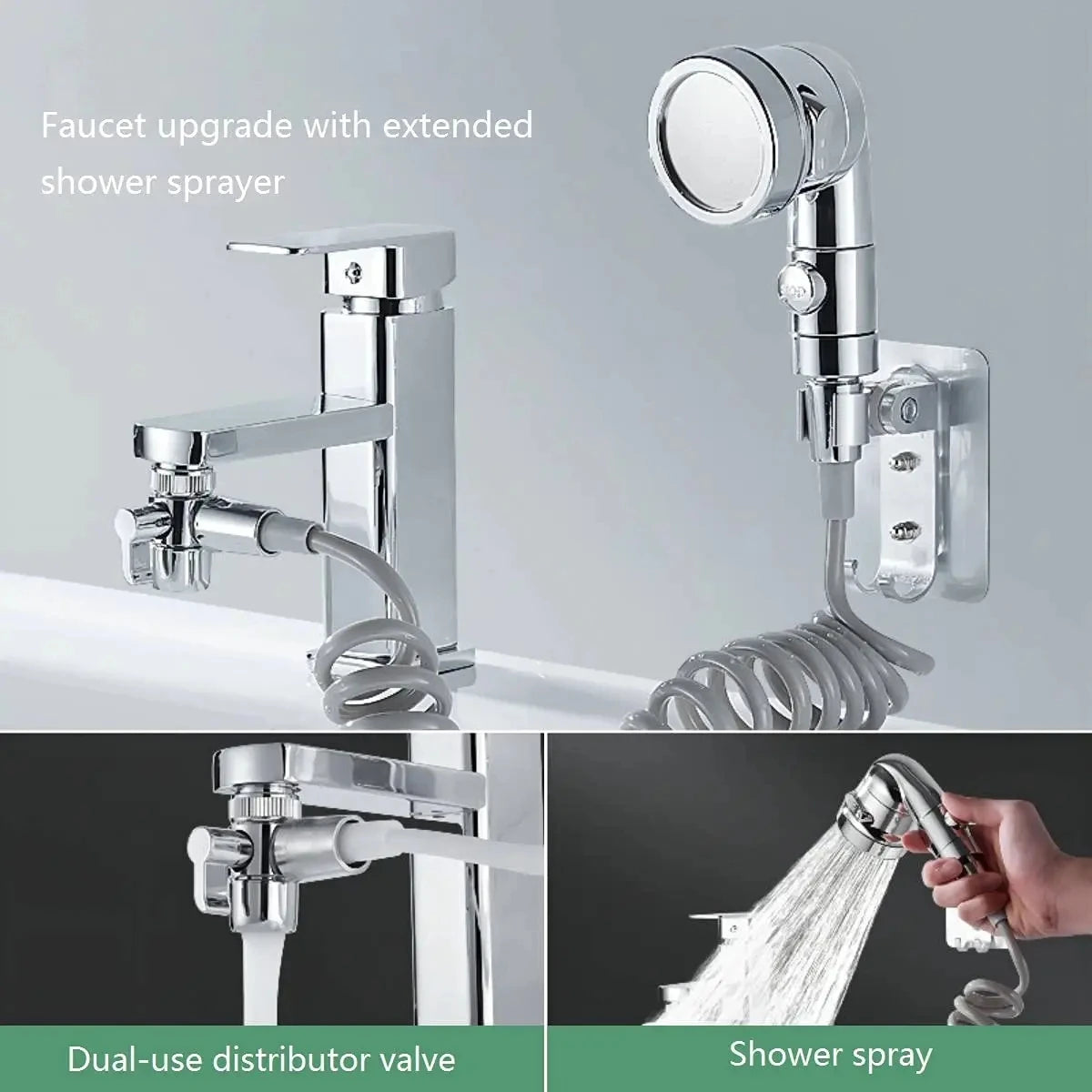 Chrome faucet with extendable shower head and dual-use distributor valve, featuring a coiled hose and wall-mounted holder.
