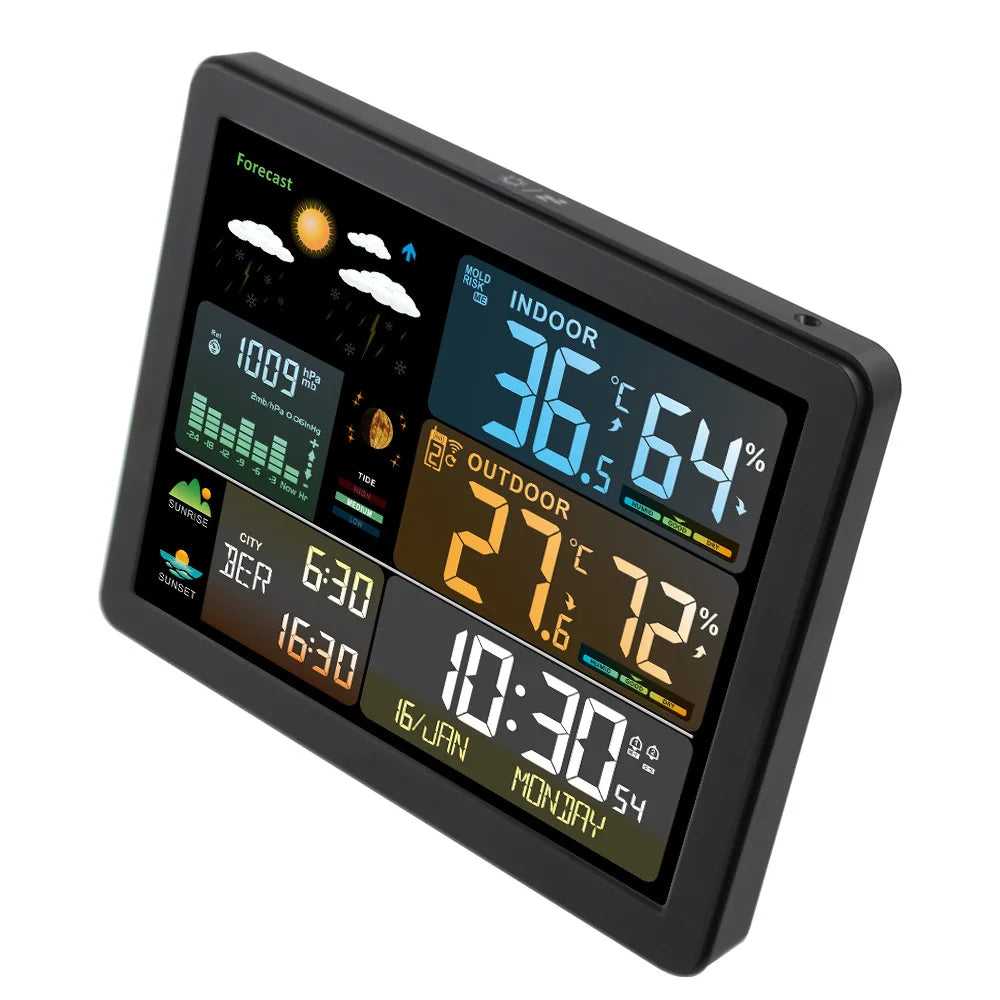 Wireless weather station with colorful display showing temperature, humidity, weather forecast, and a digital clock with dual alarm features.