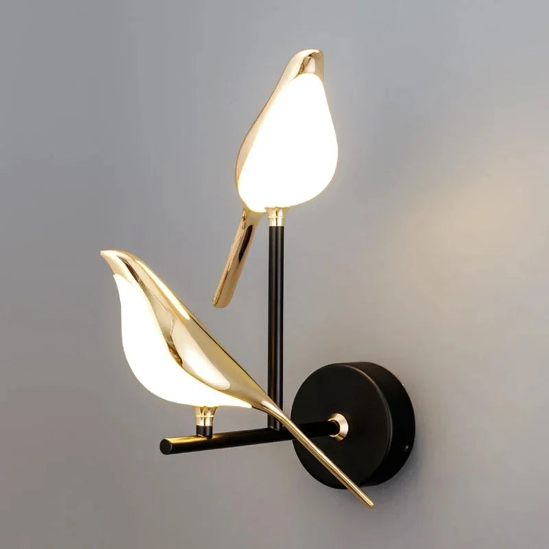 Nordic Golden Bird LED Wall Lights with black mount, perfect for parlor, bar, or bedroom decoration.