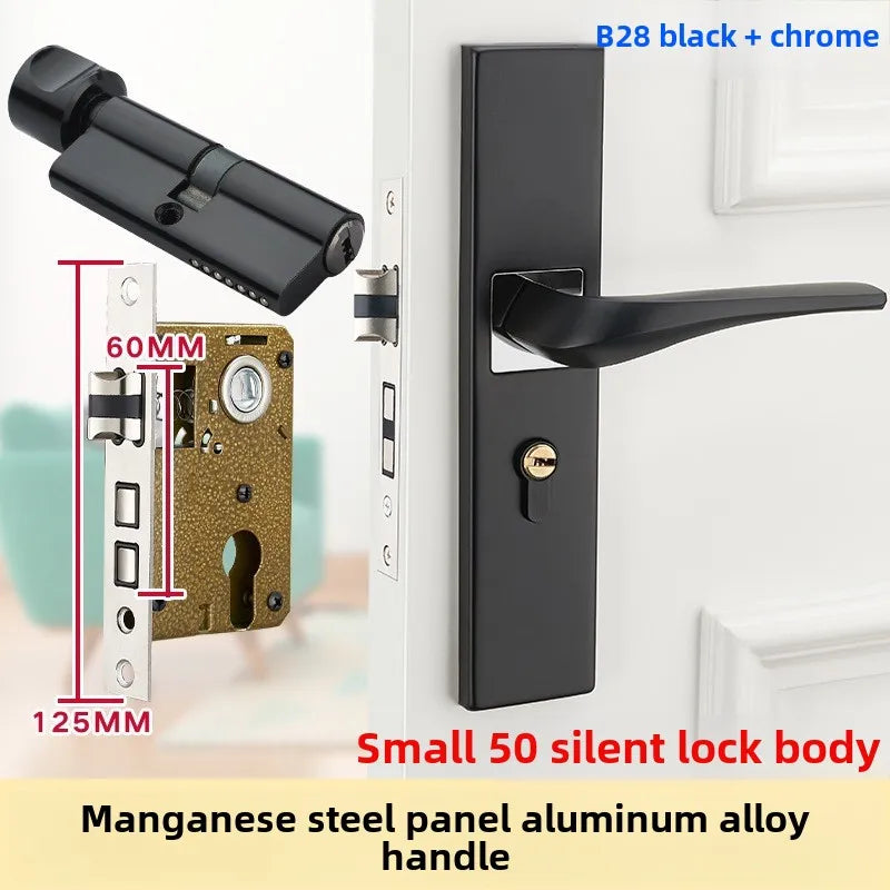 Complete Door Lock Set for Indoor Bedroom, Black Bathroom Solid Wood Handle Silent Home Door Lock, Includes Lock Body and Core