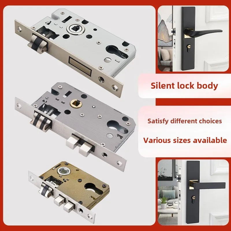 Complete door lock set with black handle and silent lock body, available in various sizes for indoor use.