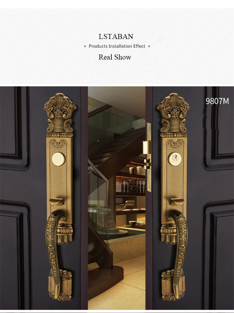 Luxury European Solid wood Villa Interior Door Lock Gate Outdoor Double Open Yellow Bronze Wooden Door Lock