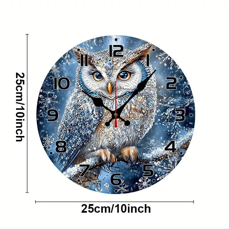 Snowy Owl Wooden Round Silent Hanging Wall Clock, Suitable For Living Room, Office, Study Room, Bedroom, Home Decoration