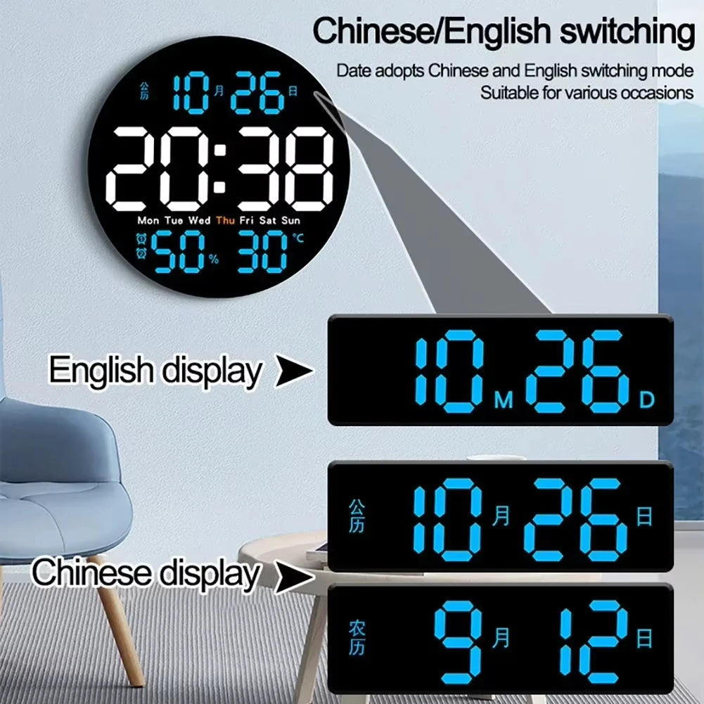 10 inch simple living room wall clock with control temperature humidity date week display countdown clock LED alarm clock