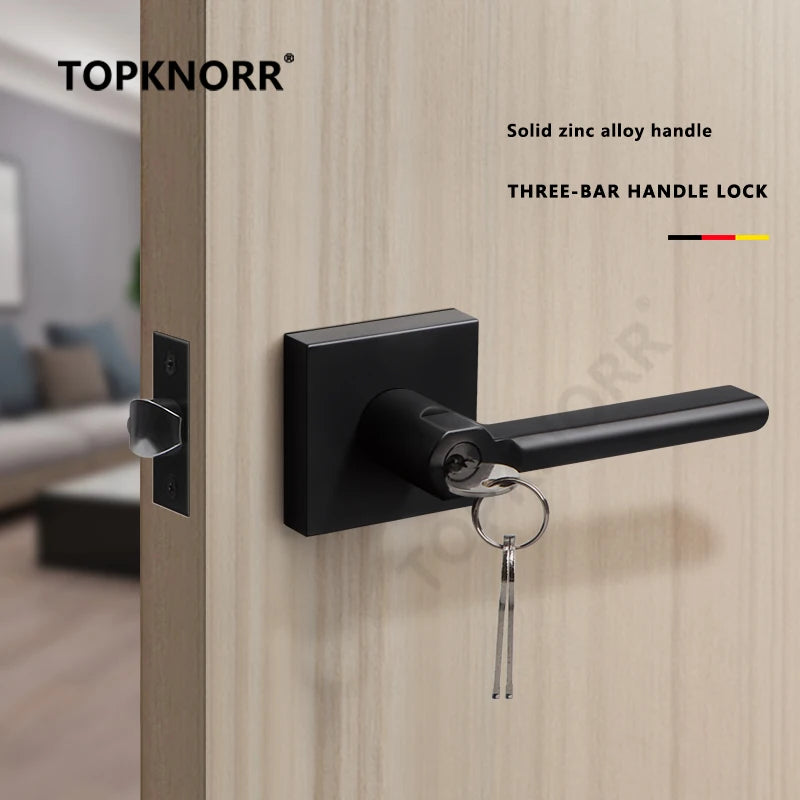 Modern black zinc alloy three-bar handle lock with key on a wooden door, brand TOPKNORR.