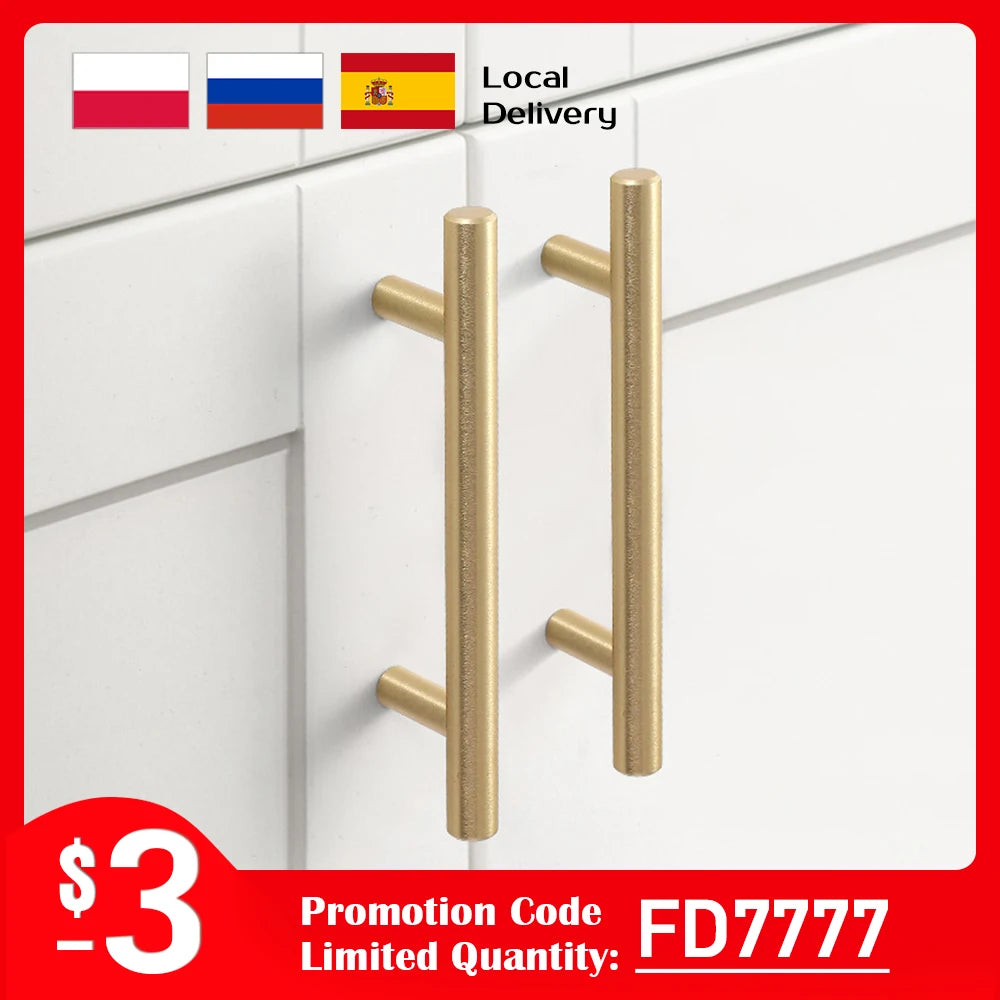Premium brushed gold cabinet handles mounted on a white cabinet, featuring a sleek T-bar design. Includes promotional details for a 20-piece set.