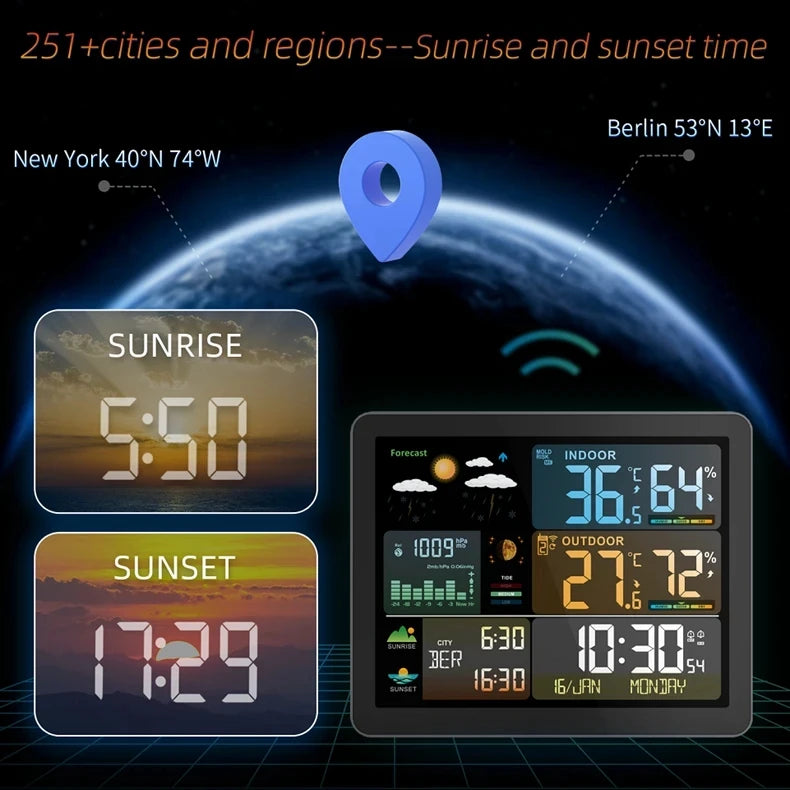 Wireless Weather Station with Colorful Display, Wall Digital Clock, Dual Alarm Clock, Barometer, Thermometer, Hygrometer