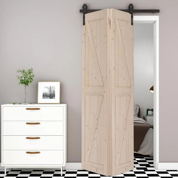 60" Bi-Folding Sliding Barn Door Hardware Kit for 2 Doors,Smoothly&Quietly,Black Track J Shape Roller-[Doors not Included]