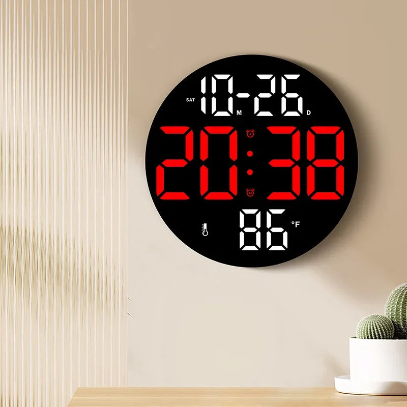 10-inch LED large digital wall clock displaying time, date, and temperature on a beige wall with modern decor.