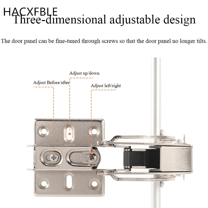 Three-dimensional adjustable cabinet hinge with labeled adjustment directions for up/down, left/right, and before/after alignment.