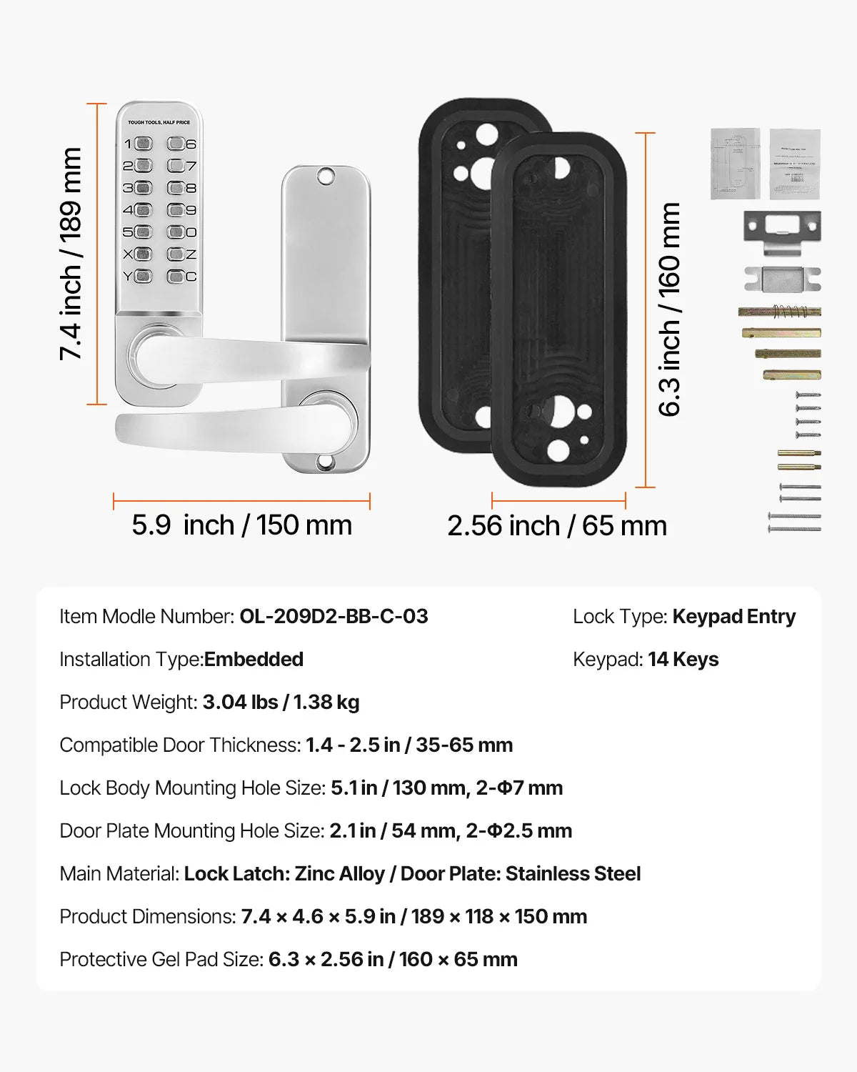 SucceBuy Mechanical Keyless Entry Door Lock 14 Key Mechanical Door Lock Mechanical Keypad Door Lock Handle Stainless Steel Lock
