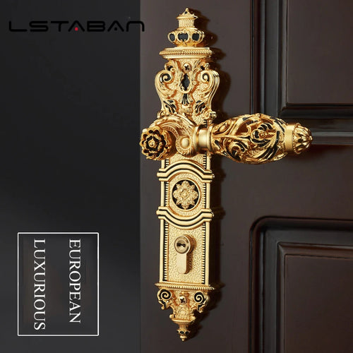 Premium brass door lock with ornate detailing and European luxurious style on a dark wooden door.