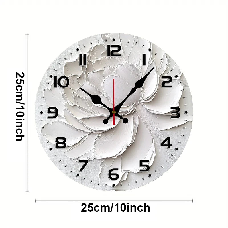 White Peony Wooden Round Silent Hanging Wall Clock, Suitable For Living Room, Office, Study Room, Bedroom, Home Decoration