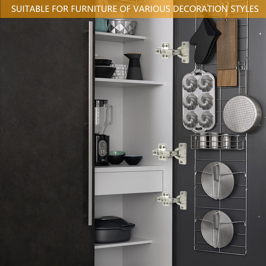 Cold rolled steel hydraulic cabinet door hinges for soft closing, installed on a kitchen cabinet with various kitchen items.