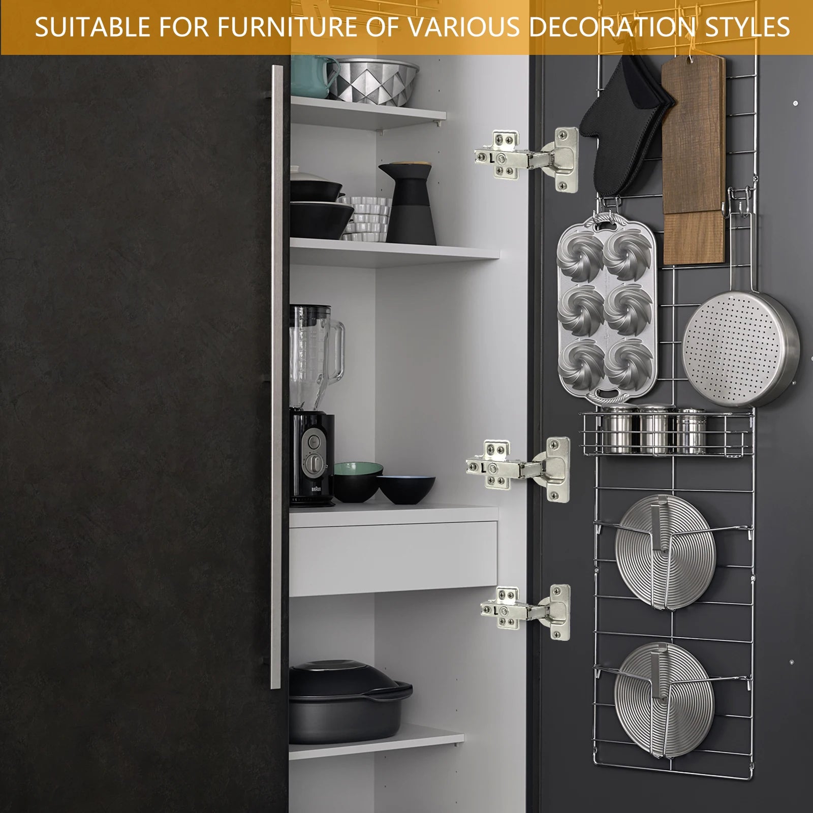 Cold rolled steel hydraulic cabinet door hinges for soft closing, installed on a kitchen cabinet with various kitchen items.