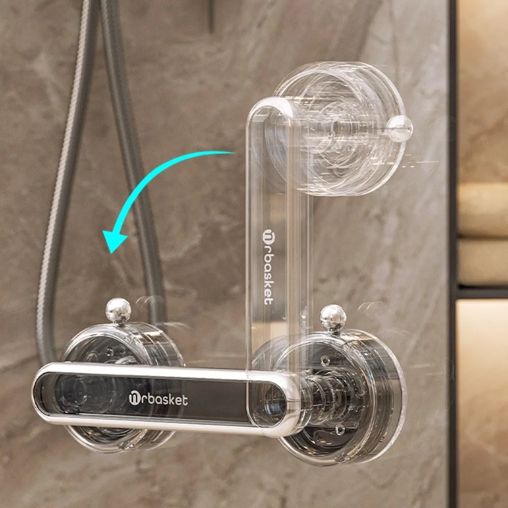 Transparent anti-slip sliding door handle with suction cups on a bathroom wall.
