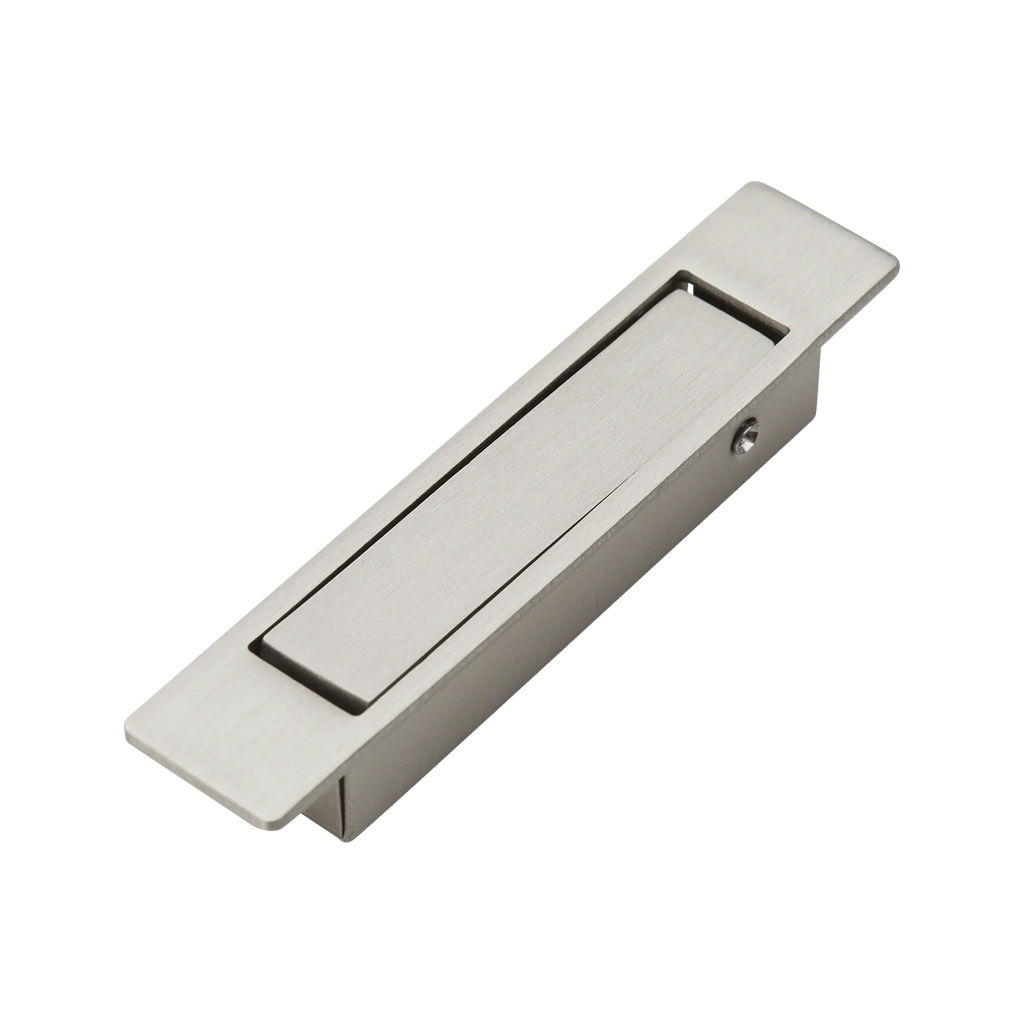 Stainless steel rectangular cabinet pull with brushed finish and concealed mounting.