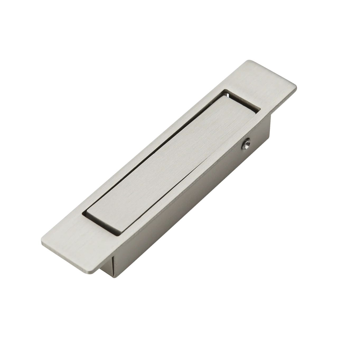 Stainless steel rectangular cabinet pull with brushed finish and concealed mounting.