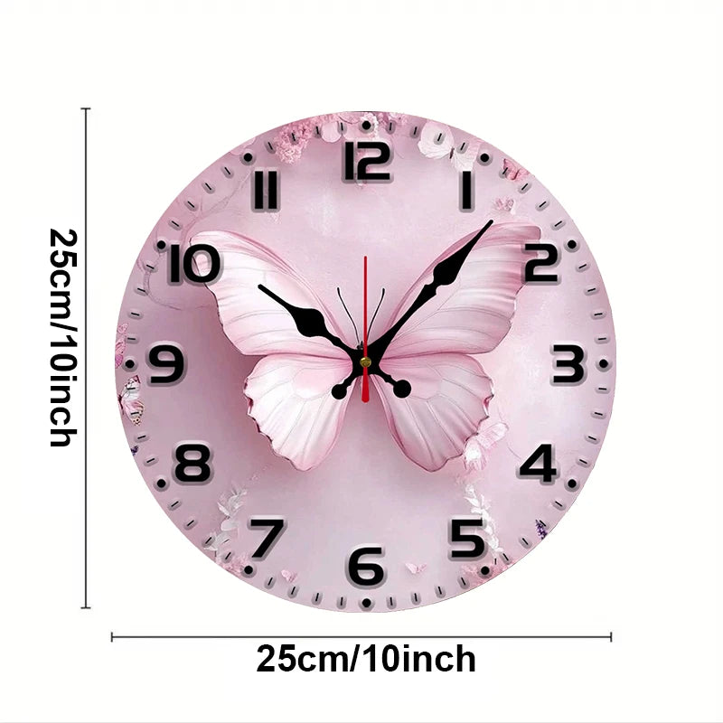 Pink Butterfly Wooden Round Silent Hanging Wall Clock, Suitable For Living Room, Office, Study Room, Bedroom, Home Decoration
