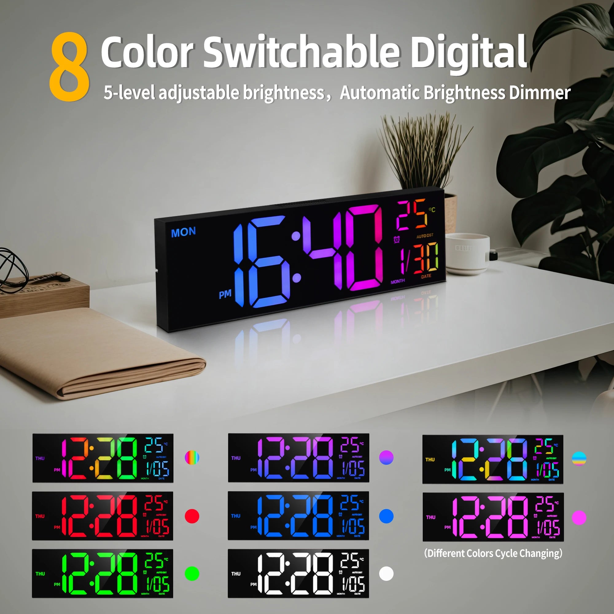 16" B Large Digital Wall Clock, Big LED Display with Remote, 8 RGB Color, Alarm, DST, Temperature for Living Room, Office