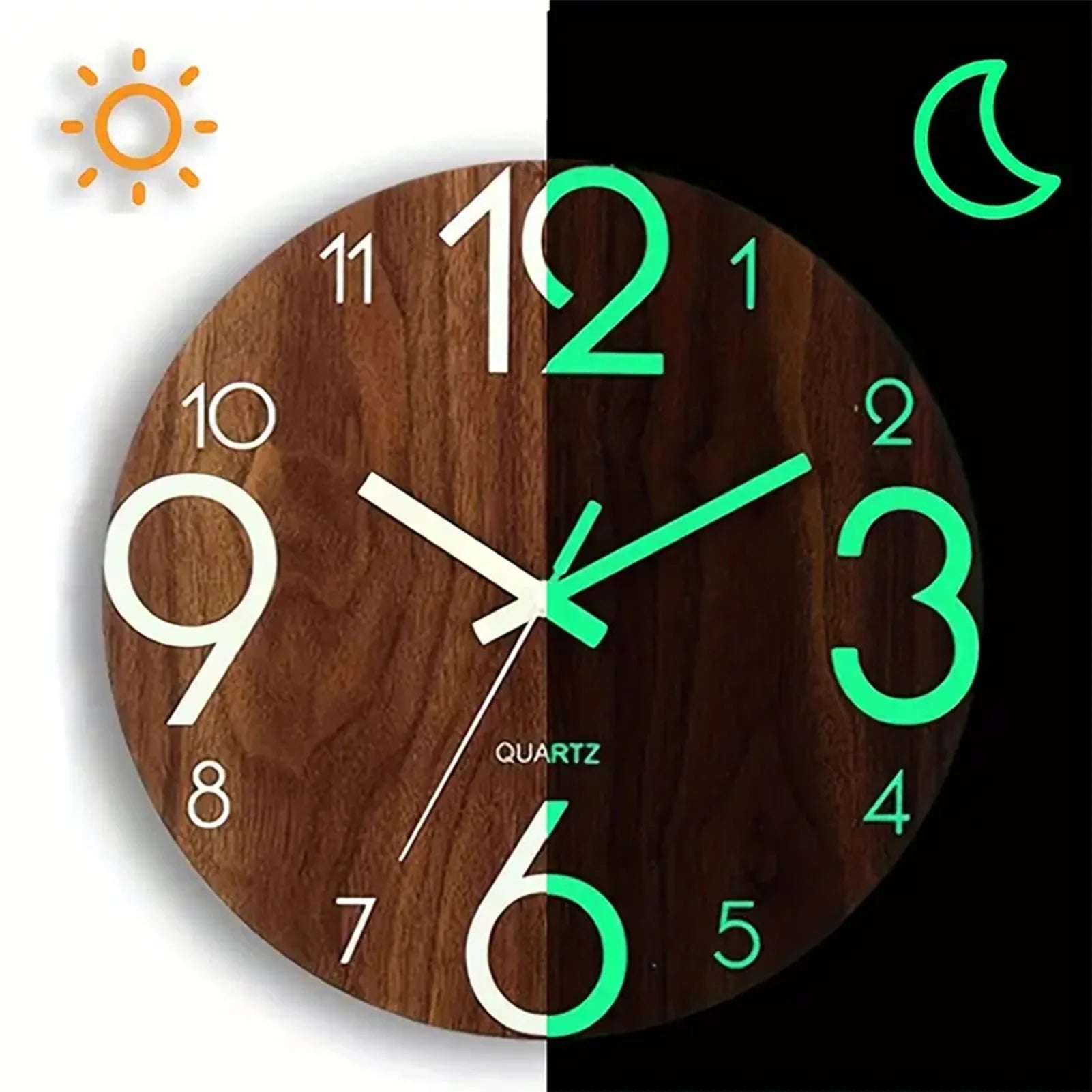 12 Inch Wooden Luminous Wall Clock with Silent Non-Ticking Mechanism, showing day and night views for living room or office decor.