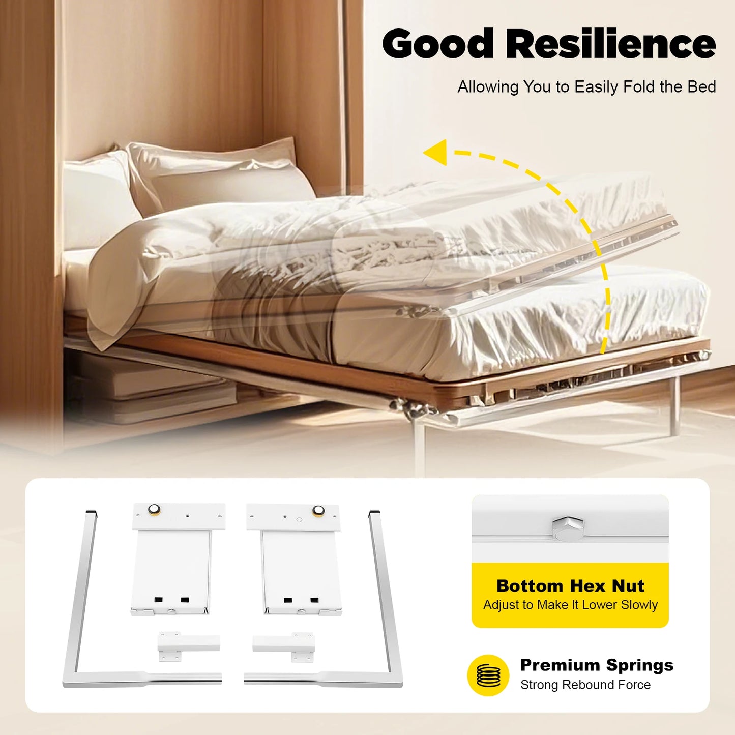 27*34.5cm Silver+ White Wall Bed Hinge Kit, 198kg Load-bearing Metal Bed Hinge Kit Suitable for Medium-sized Wall Beds