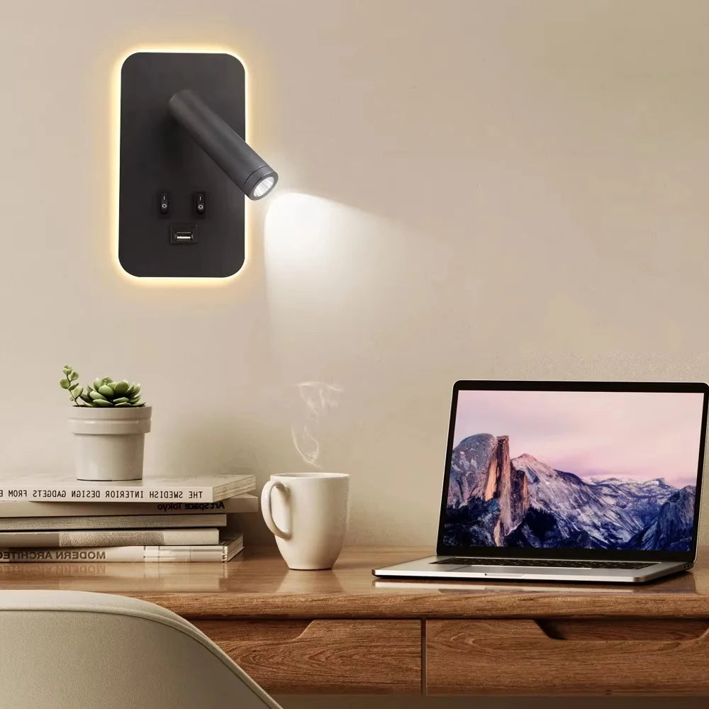 LED Wall lamp and Reading light,Multifunctional Wall Sconces with USB Port,LED Wall Lamp with Bedside Night light for Bedroom