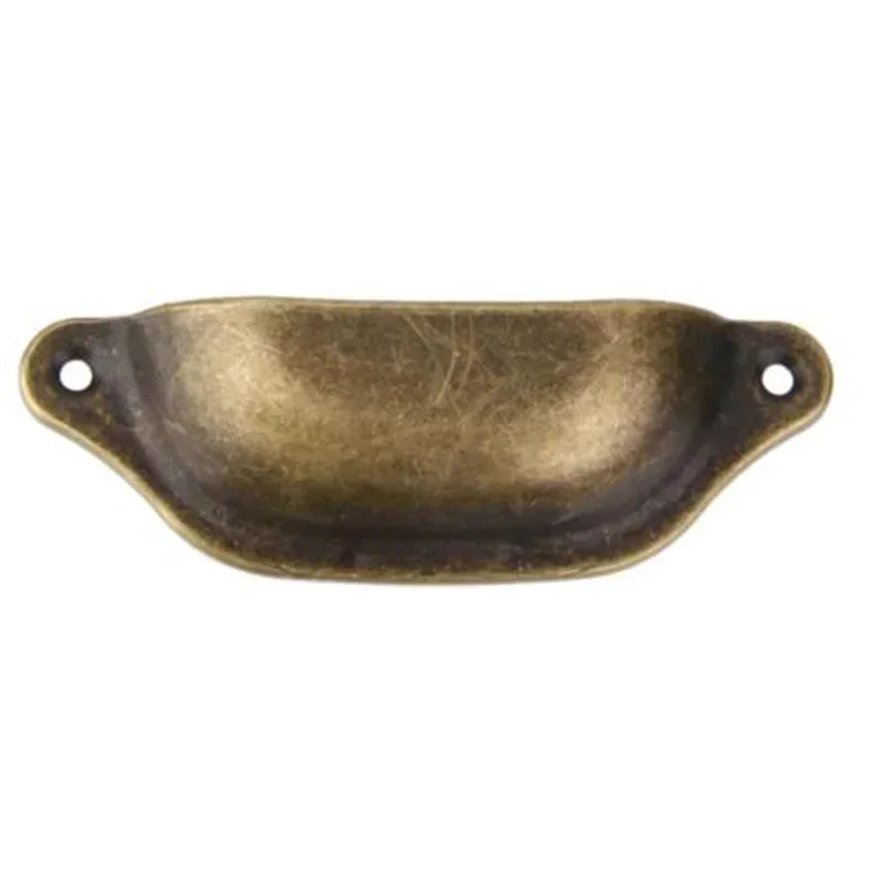Retro antique iron industrial chic cupboard handle with a bronze finish and two mounting holes for furniture hardware.