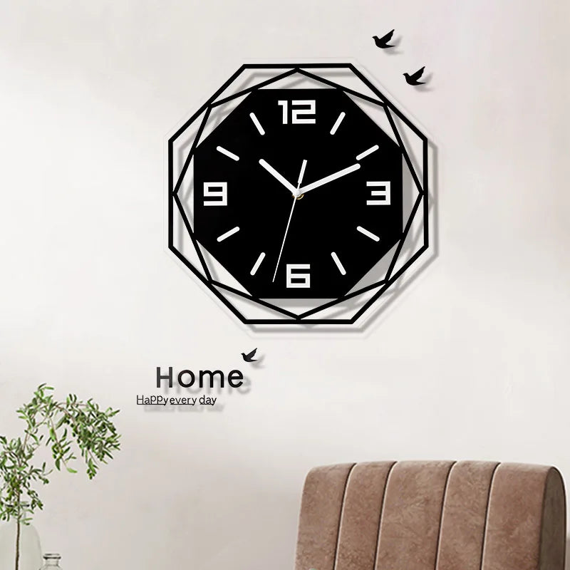Modern minimalist decorative wall clock with silent quartz movement and geometric design on a light wall with bird decals.
