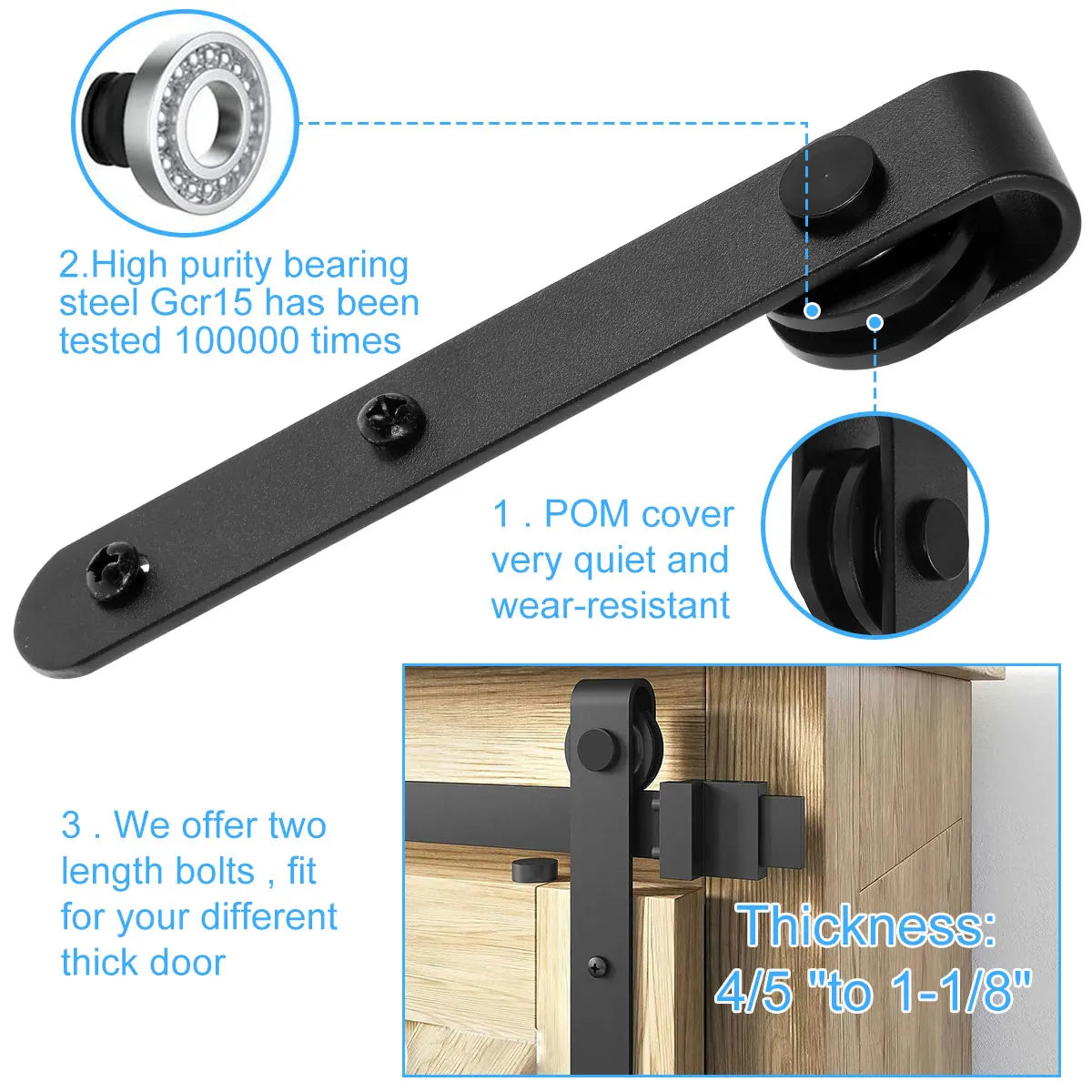 Sliding Barn Door Hardware Kit Smooth and Quiet Barn Door Track Easy to Install For 4/5”to 1-1/8”Wide Door Panel J Shape Hanger