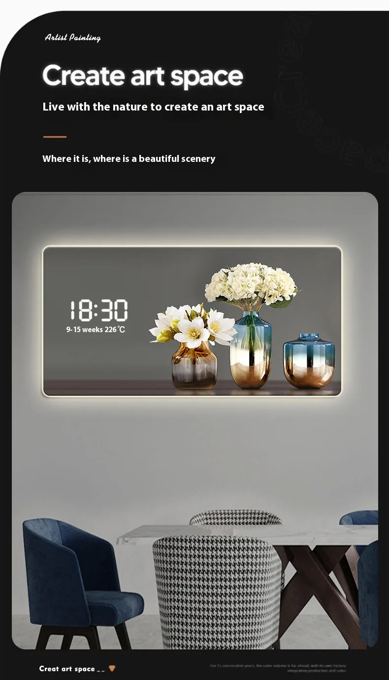 Large Size Flower Pattern Digital Wall Clock with LED Light,Creative Luxurious Muted Quartz Wall Clock for Home Decoration