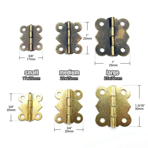 12pcs Small Heavy Duty Butterfly Shape Jewelry Chest Gift Wooden Music Box Wine Case Dollhouse Hinges in brass and bronze, available in small, medium, and large sizes with screws.
