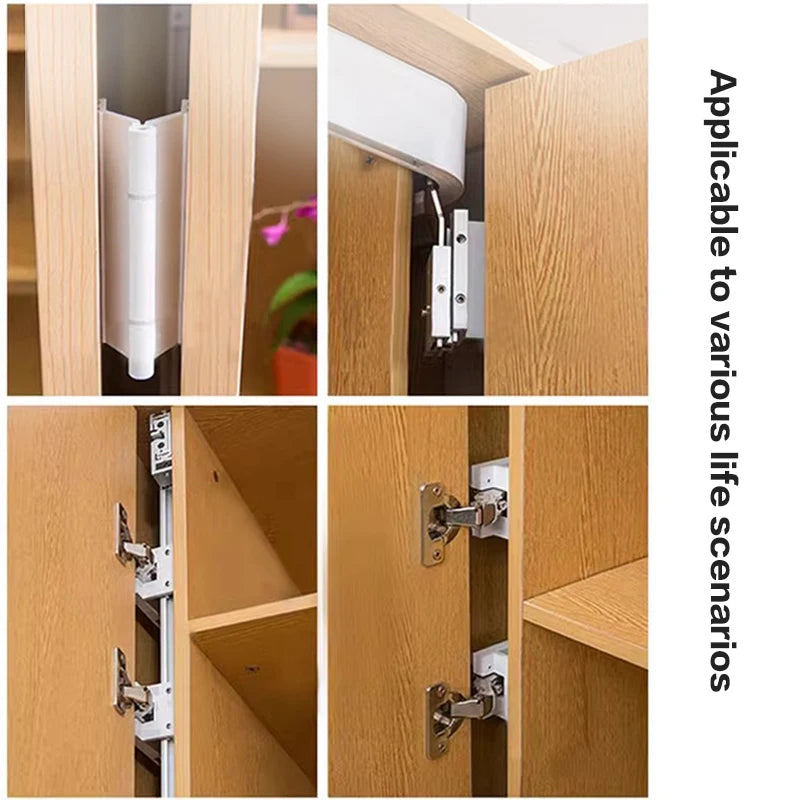 Side-mounted hidden butterfly door slide hardware kit for cabinets, showcasing folding mechanism and metal hinges with white casing.