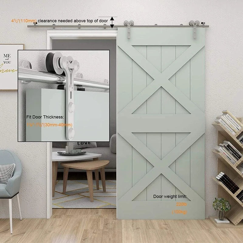CCJH 4-6.6FT Sliding Door Track Kit with stainless steel hardware system, supporting single barn wood door, shown in a modern indoor setting.