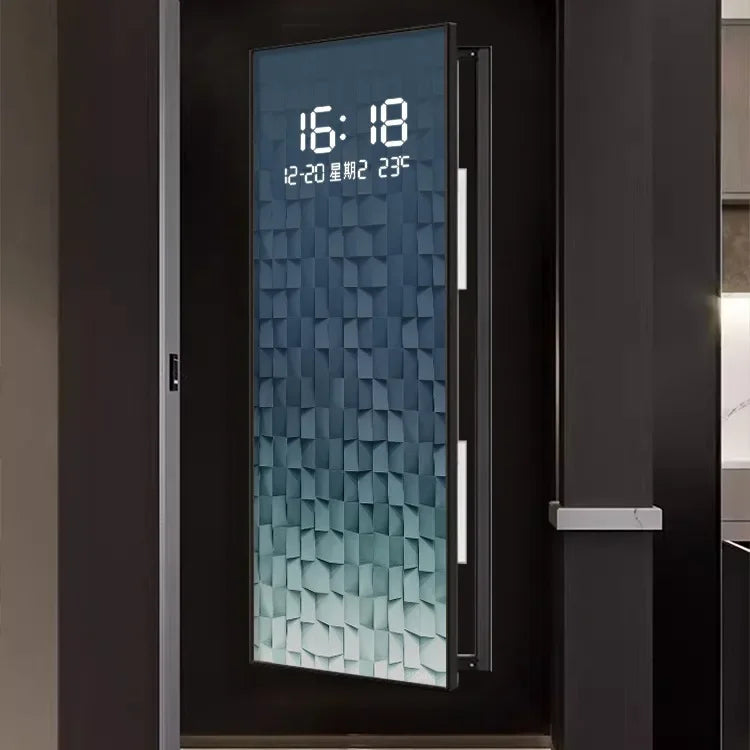 Nordic Style Digital Clock with luminous display and geometric background, showing time, date, and temperature.