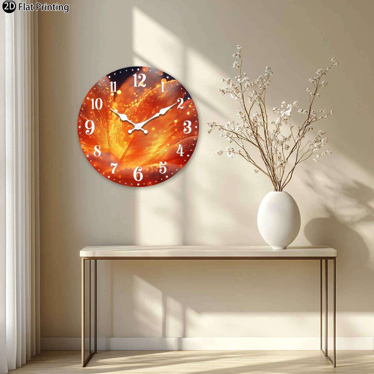 Wooden Silent Wall Clock Abstract glowing feathers Quartz Analog Clock for Bedroom Bathroom Halloween New Year Gift