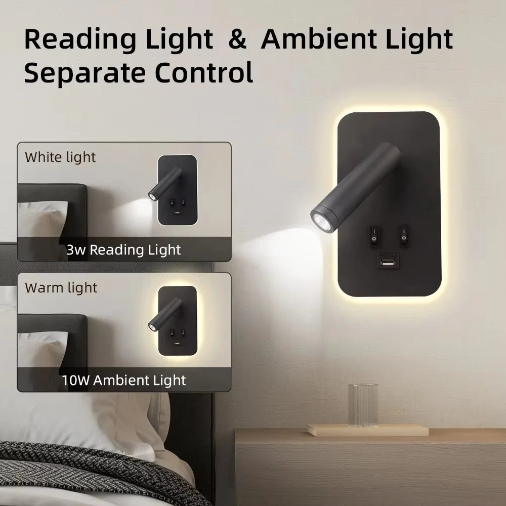 LED Wall lamp and Reading light,Multifunctional Wall Sconces with USB Port,LED Wall Lamp with Bedside Night light for Bedroom