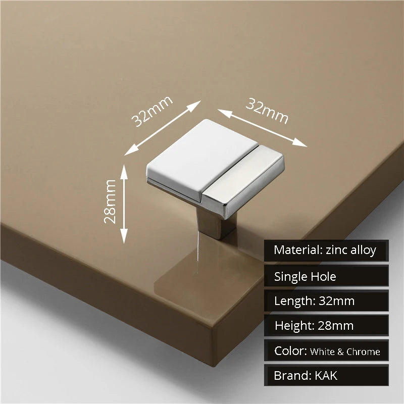 White and chrome faucet on a brown background with dimensions and material details.
