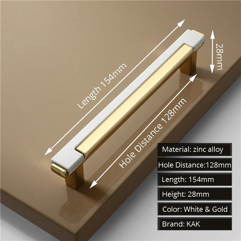 Measurement details of a white and gold cabinet handle on a brown background