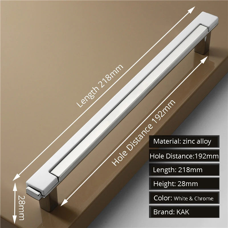 Measurement details of a zinc alloy handle with white and chrome finish on a brown background