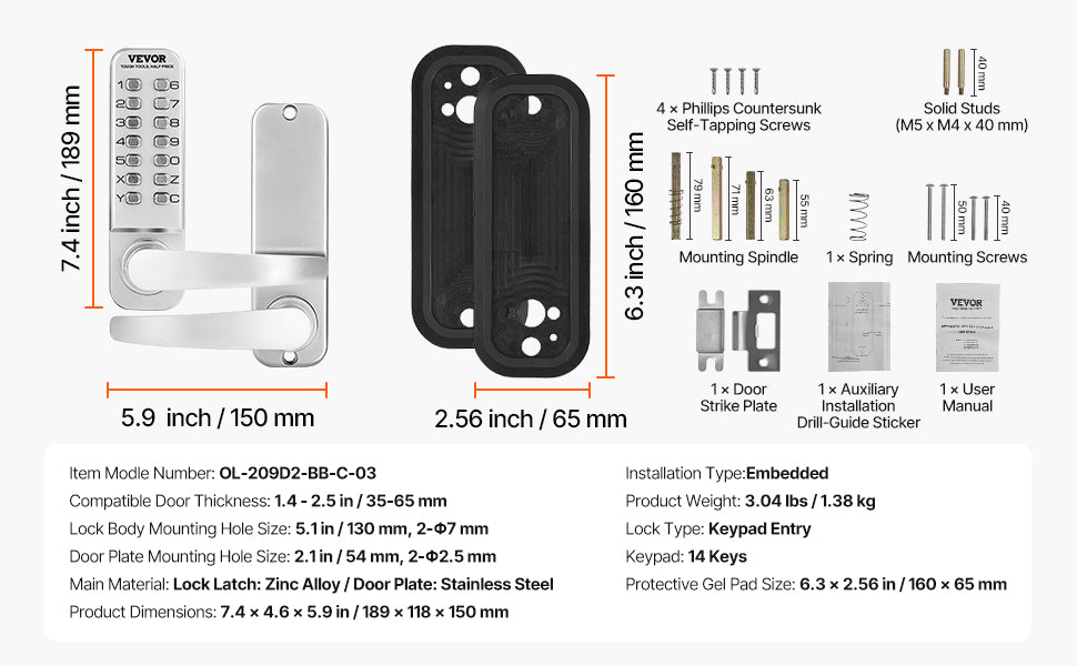 SucceBuy Mechanical Keyless Entry Door Lock 14 Key Mechanical Door Lock Mechanical Keypad Door Lock Handle Stainless Steel Lock