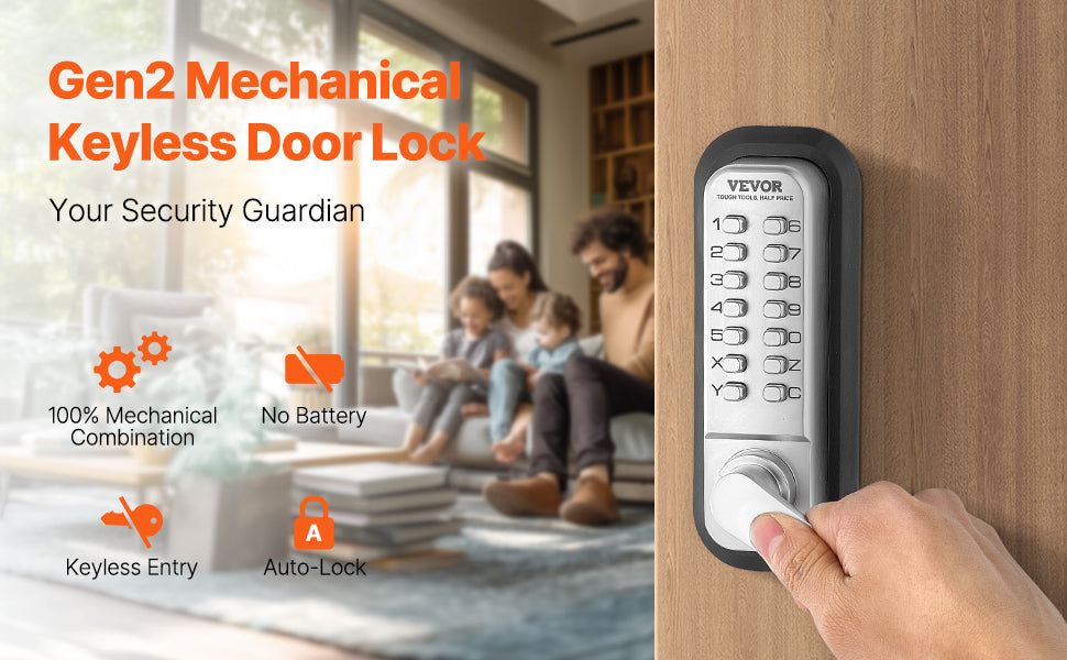 SucceBuy Mechanical Keyless Entry Door Lock 14 Key Mechanical Door Lock Mechanical Keypad Door Lock Handle Stainless Steel Lock