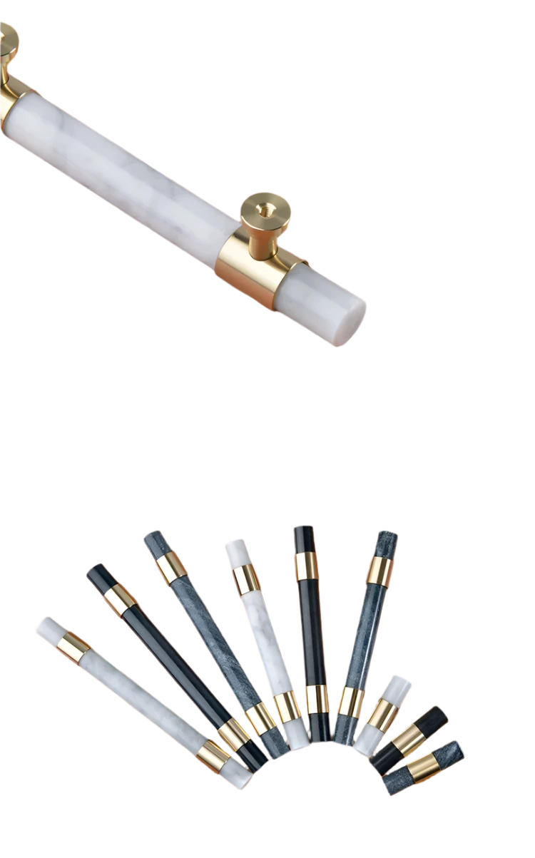 set of handles with marble and gold accents 